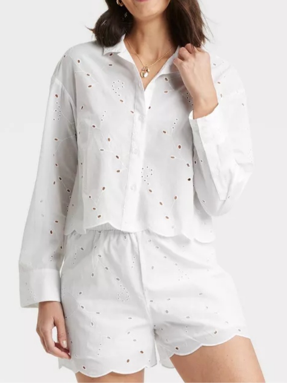 Eyelet Long Sleeve Shirt High-Rise Short 2pc Set