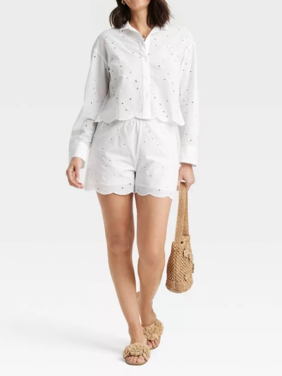 Eyelet Long Sleeve Shirt High-Rise Short 2pc Set