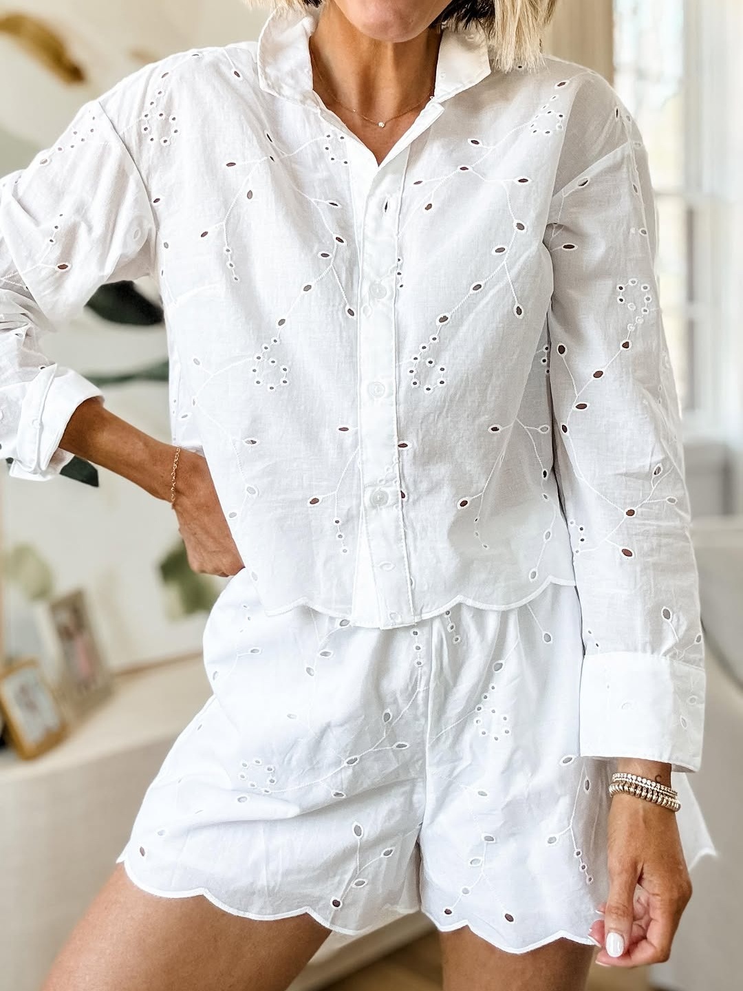 Eyelet Long Sleeve Shirt High-Rise Short 2pc Set