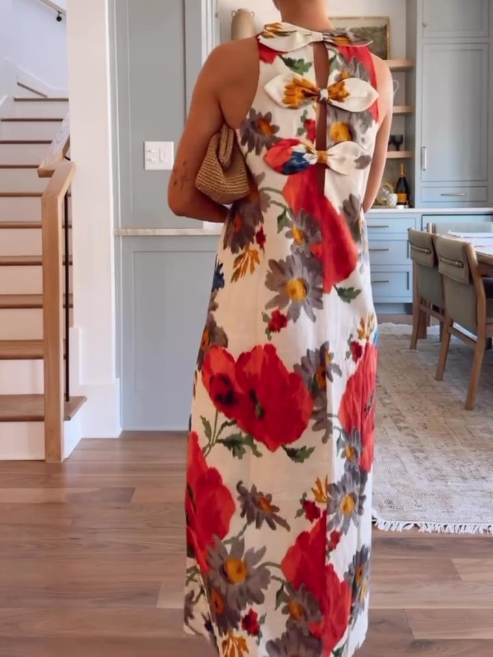 Sleeveless Bow Detail Printed Maxi Dress