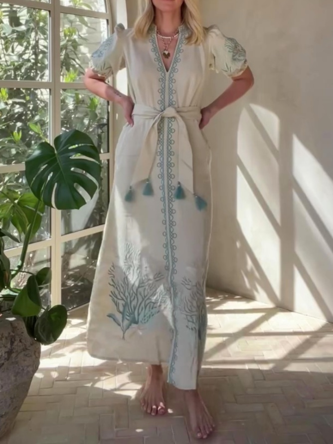 Puff Sleeve Linen Embroidered Dress