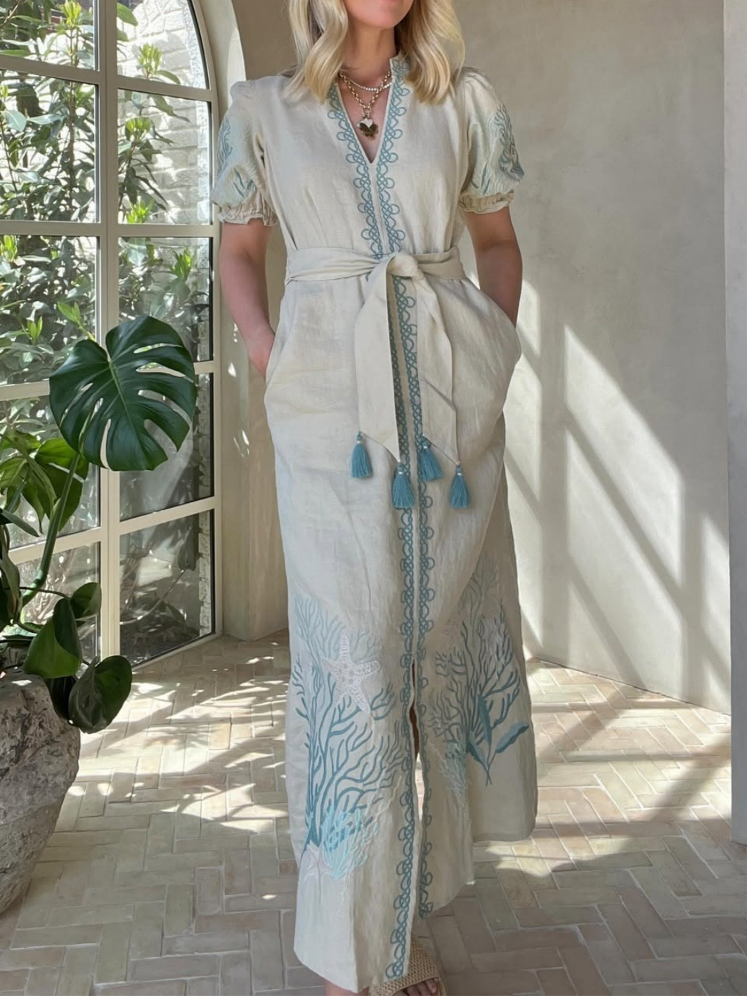 Puff Sleeve Linen Embroidered Dress