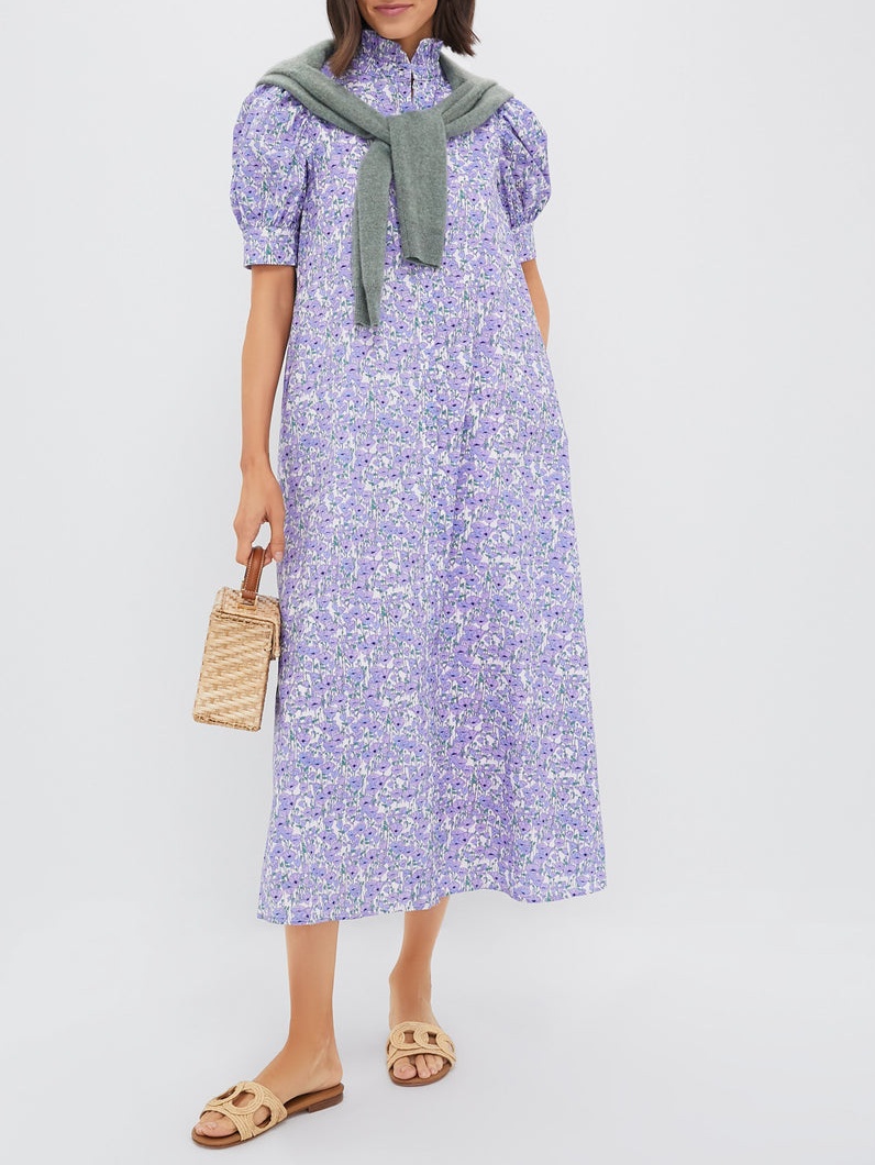 Purple Print Ruffle Collar Maxi Dress