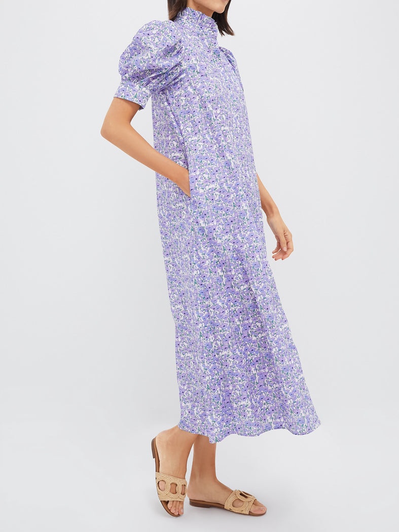 Purple Print Ruffle Collar Maxi Dress