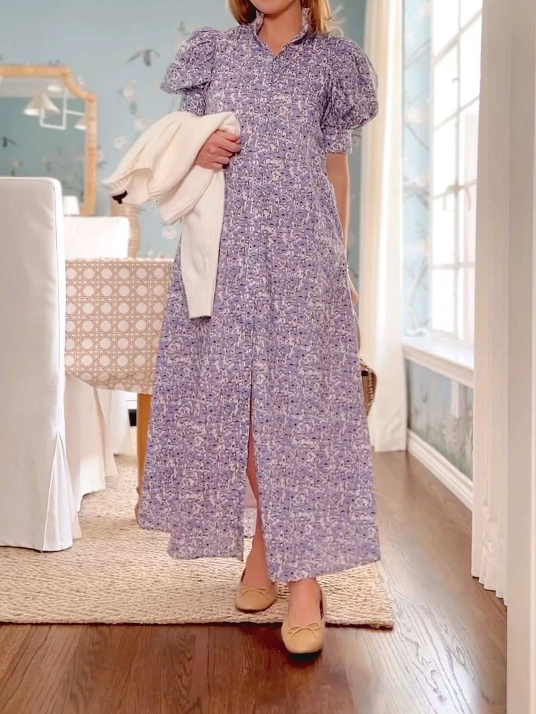 Purple Print Ruffle Collar Maxi Dress