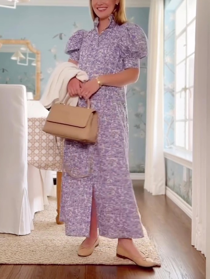 Purple Print Ruffle Collar Maxi Dress