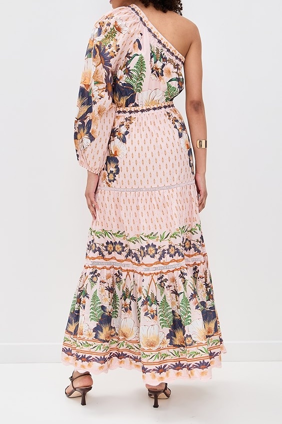 One Shoulder Printed Pink Maxi Dress