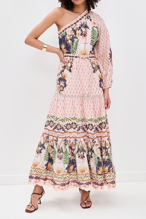 One Shoulder Printed Pink Maxi Dress
