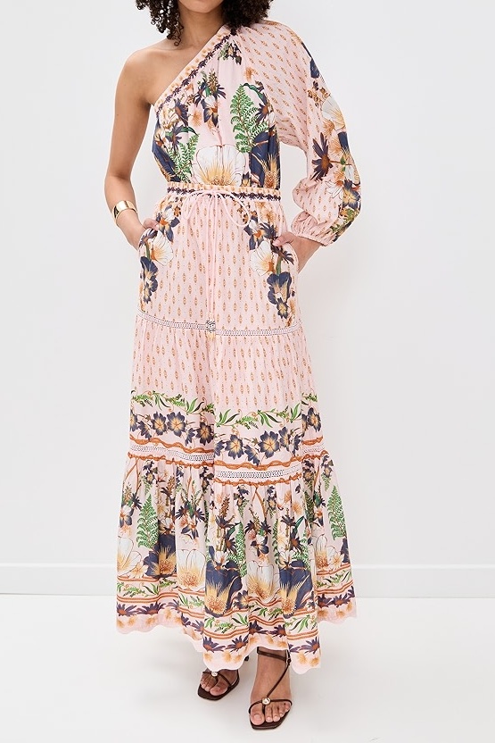 One Shoulder Printed Pink Maxi Dress