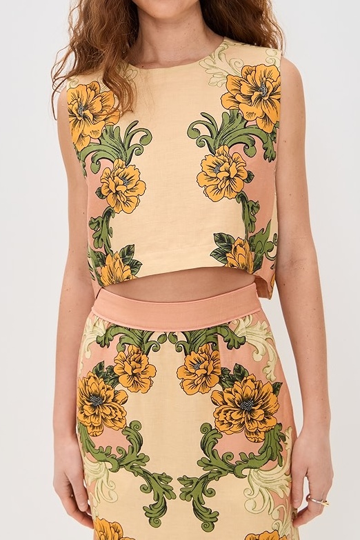 Pink Flower Cropped Top And Skirt Set