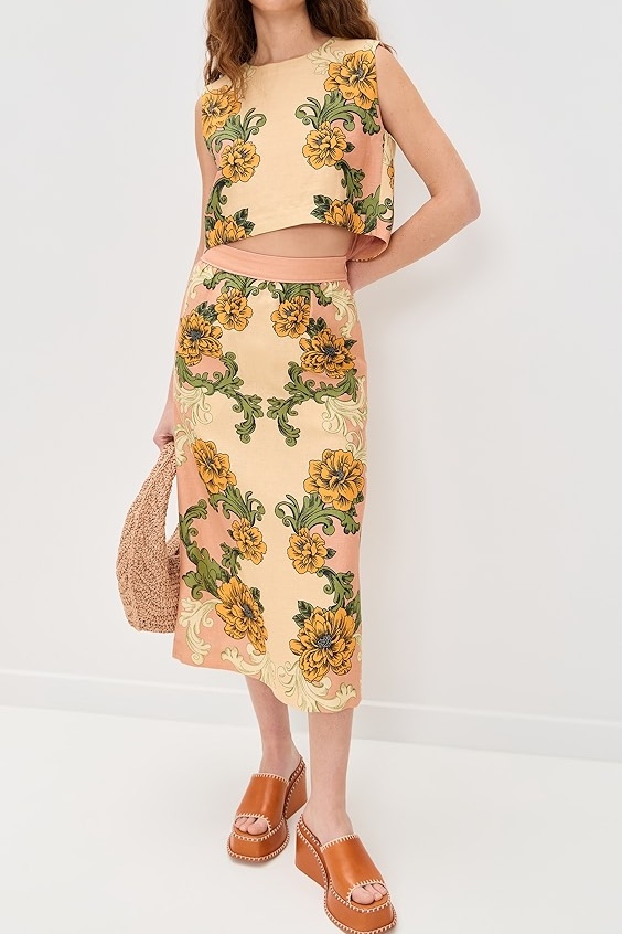 Pink Flower Cropped Top And Skirt Set