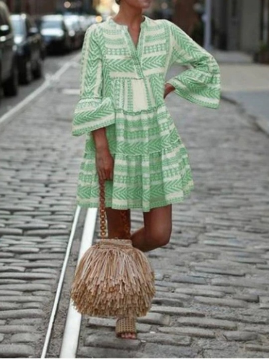 V-Neck Geometric Stripe Printed Short Dress