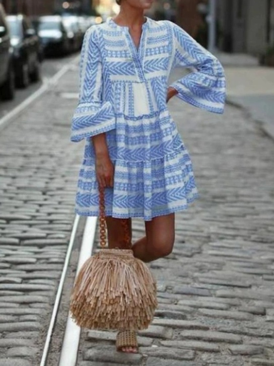 V-Neck Geometric Stripe Printed Short Dress