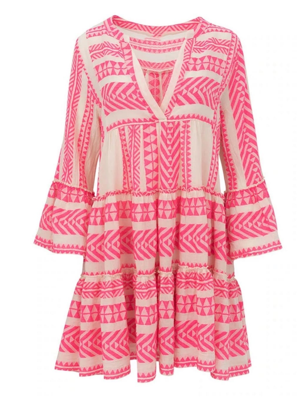 V-Neck Geometric Stripe Printed Short Dress