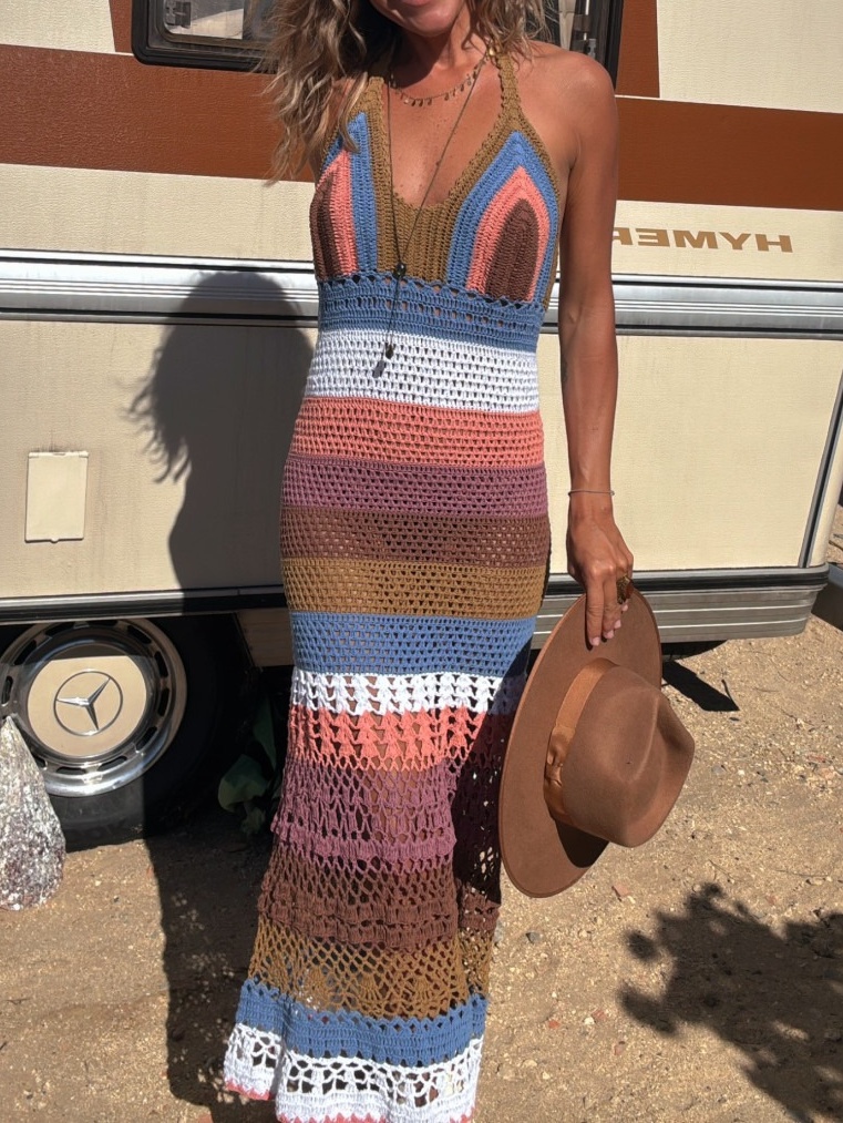 Sleeveless Halter Clash Crochet Maxi Dress
