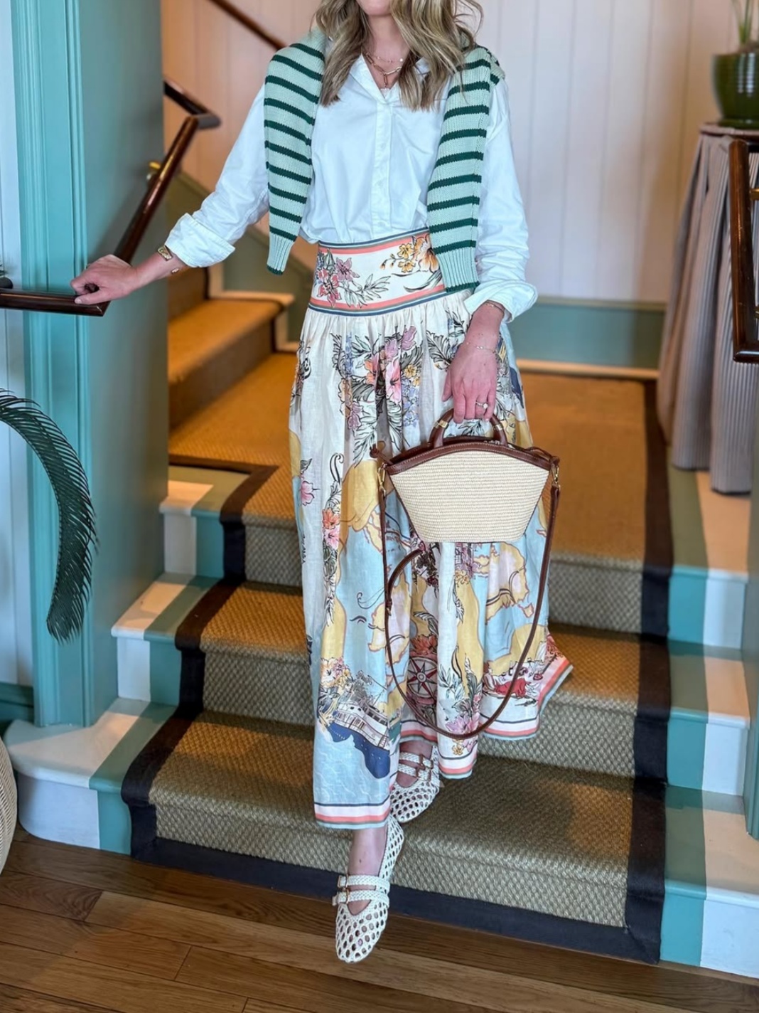 Nautical Map Pattern Casual Short Sleeve Shirt Half Skirt Set