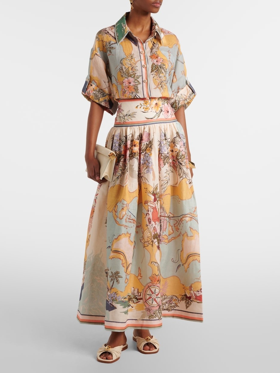 Nautical Map Pattern Casual Short Sleeve Shirt Half Skirt Set