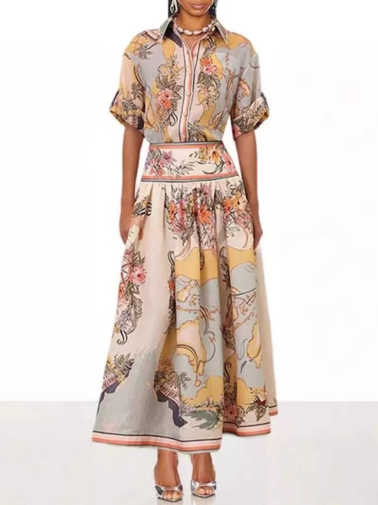 Nautical Map Pattern Casual Short Sleeve Shirt Half Skirt Set