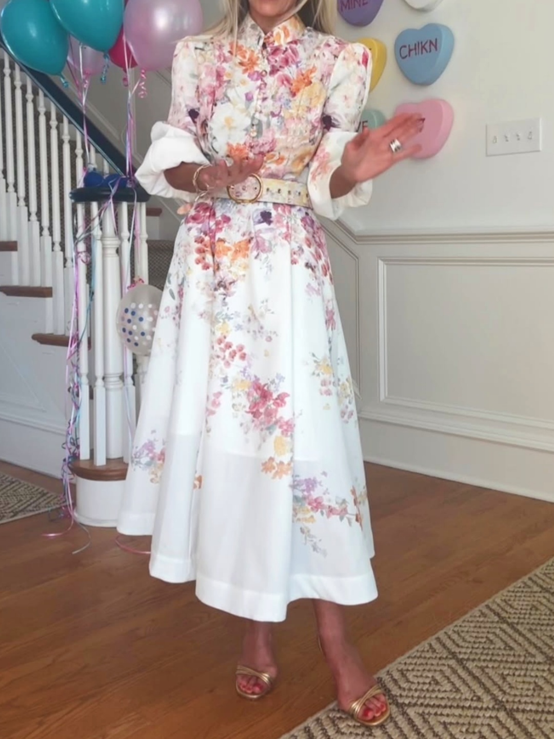 Puff Sleeve Multicolor Floral Midi Dress