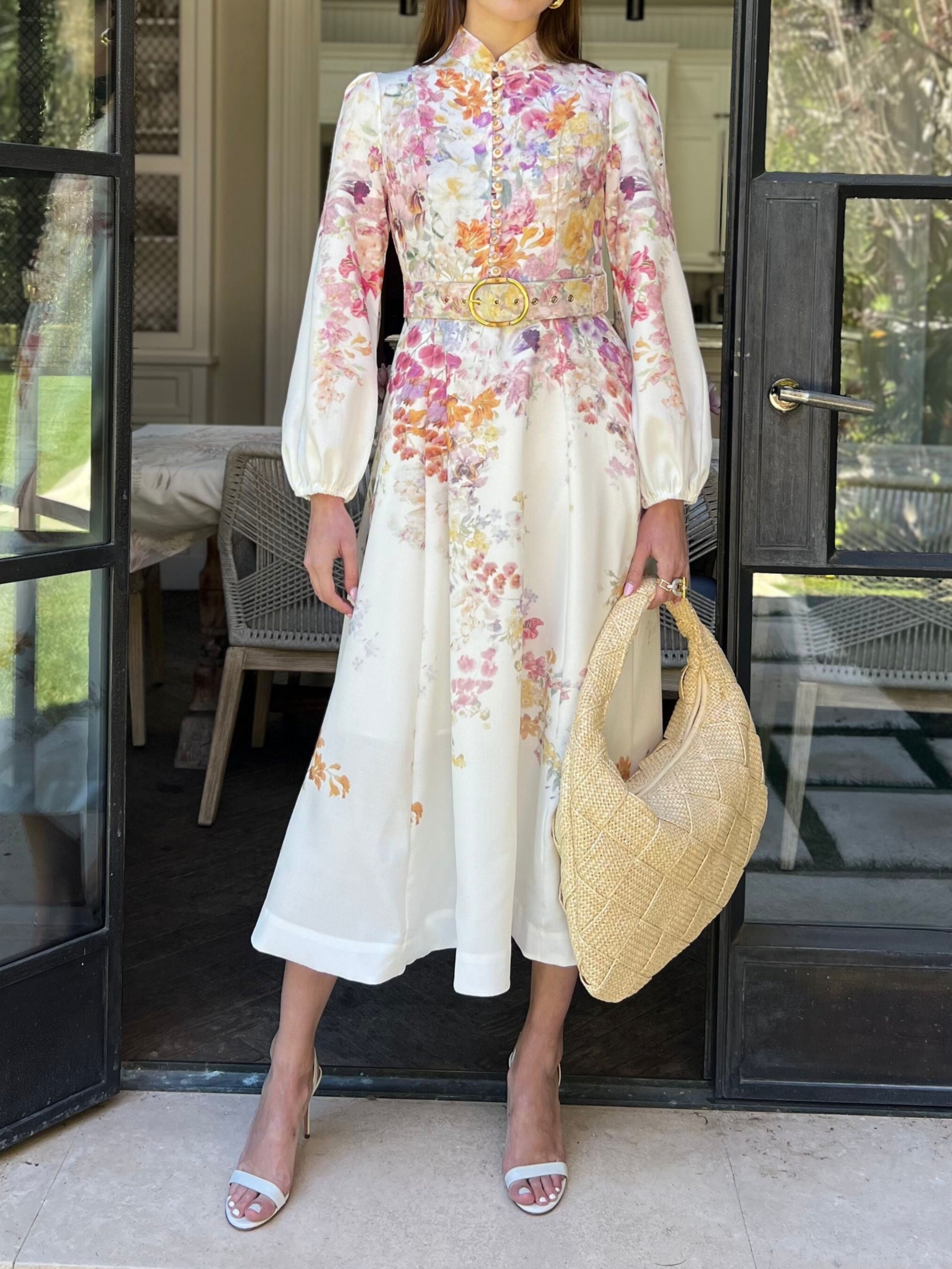 Puff Sleeve Multicolor Floral Midi Dress