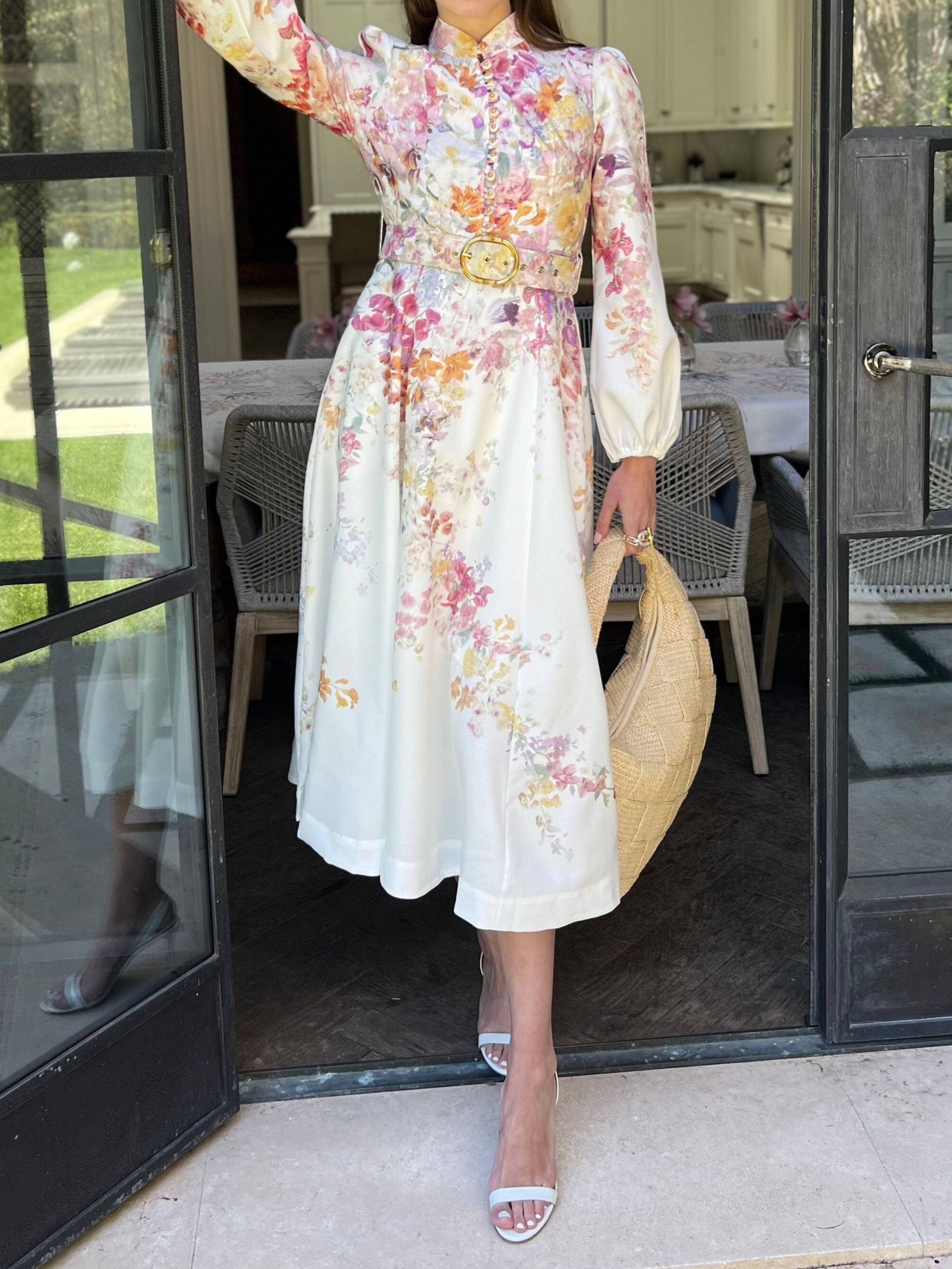 Puff Sleeve Multicolor Floral Midi Dress