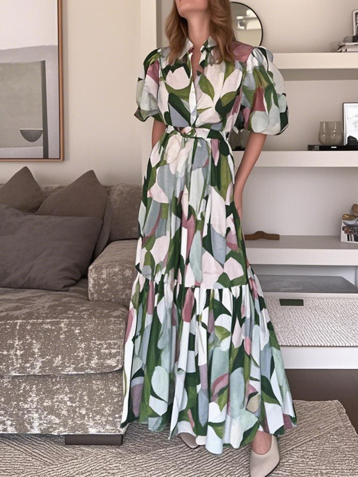 Button-down Collar Puff Sleeve Maxi Dress