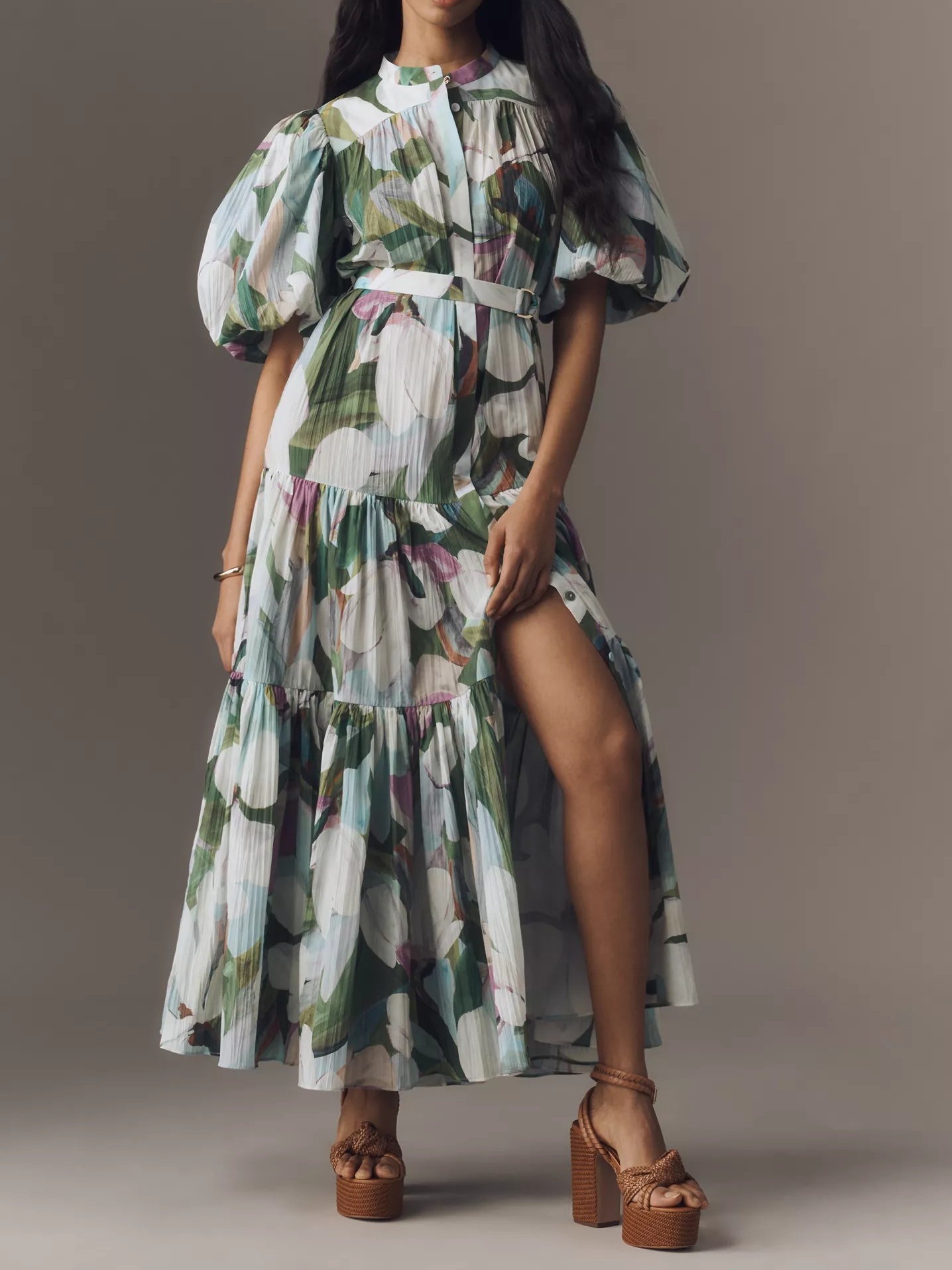 Button-down Collar Puff Sleeve Maxi Dress