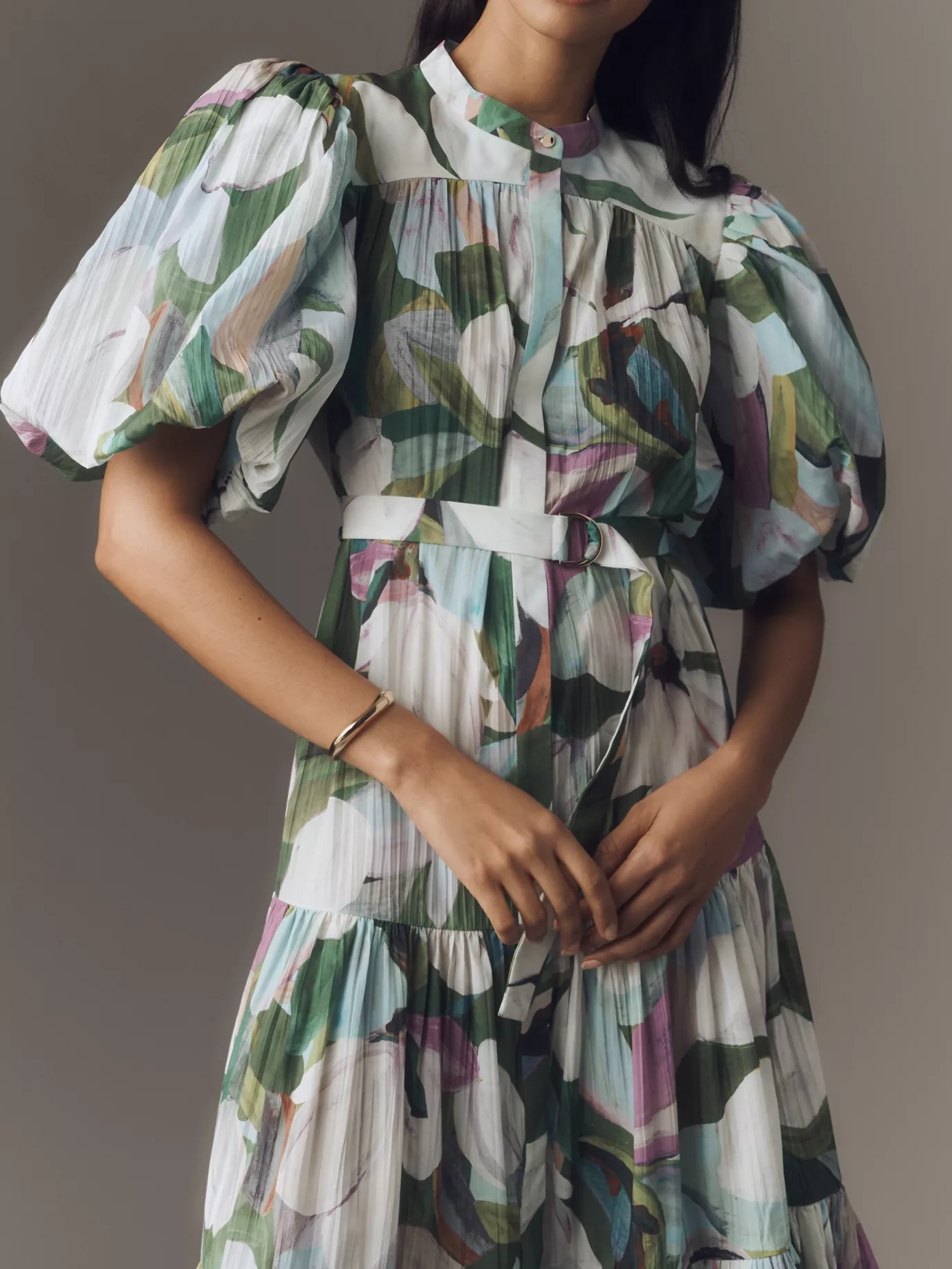 Button-down Collar Puff Sleeve Maxi Dress