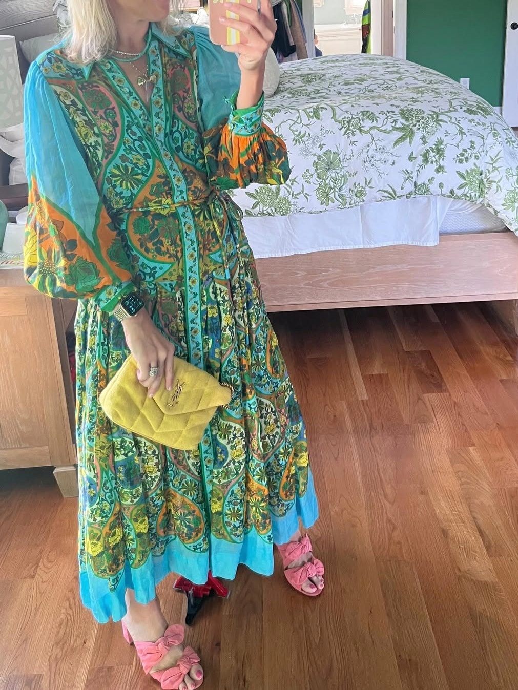 Vintage Printed Lantern Sleeve Waist Cinching Shirt Dress