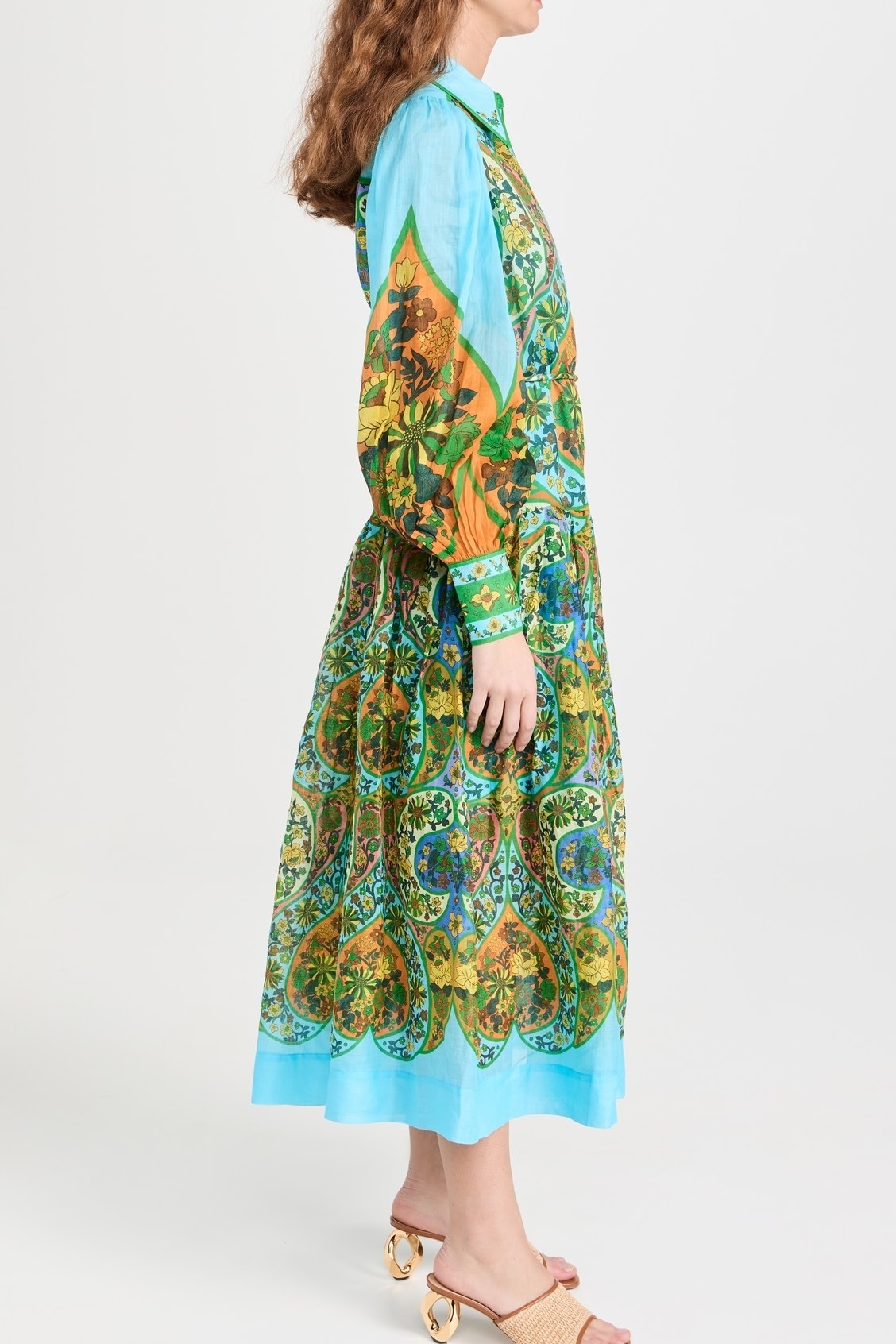 Vintage Printed Lantern Sleeve Waist Cinching Shirt Dress