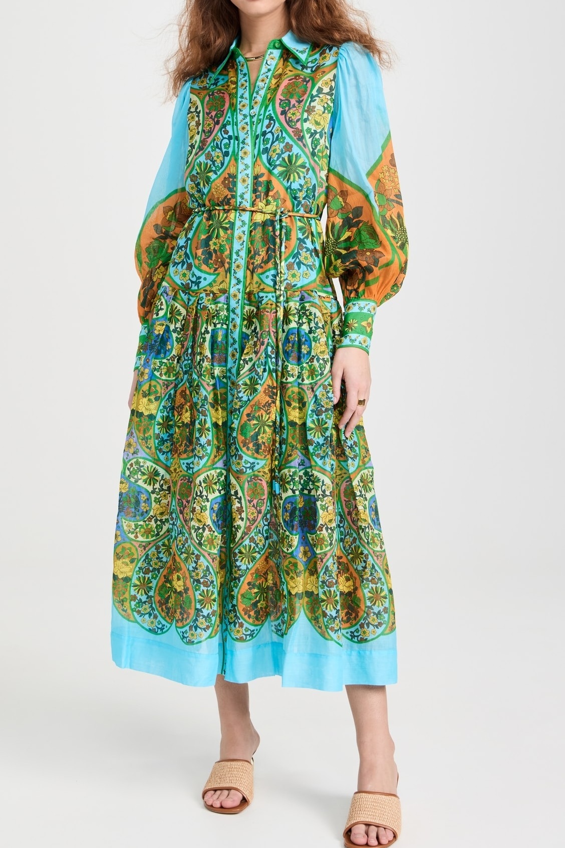 Vintage Printed Lantern Sleeve Waist Cinching Shirt Dress