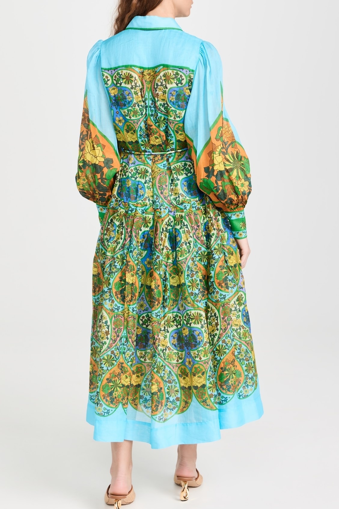Vintage Printed Lantern Sleeve Waist Cinching Shirt Dress