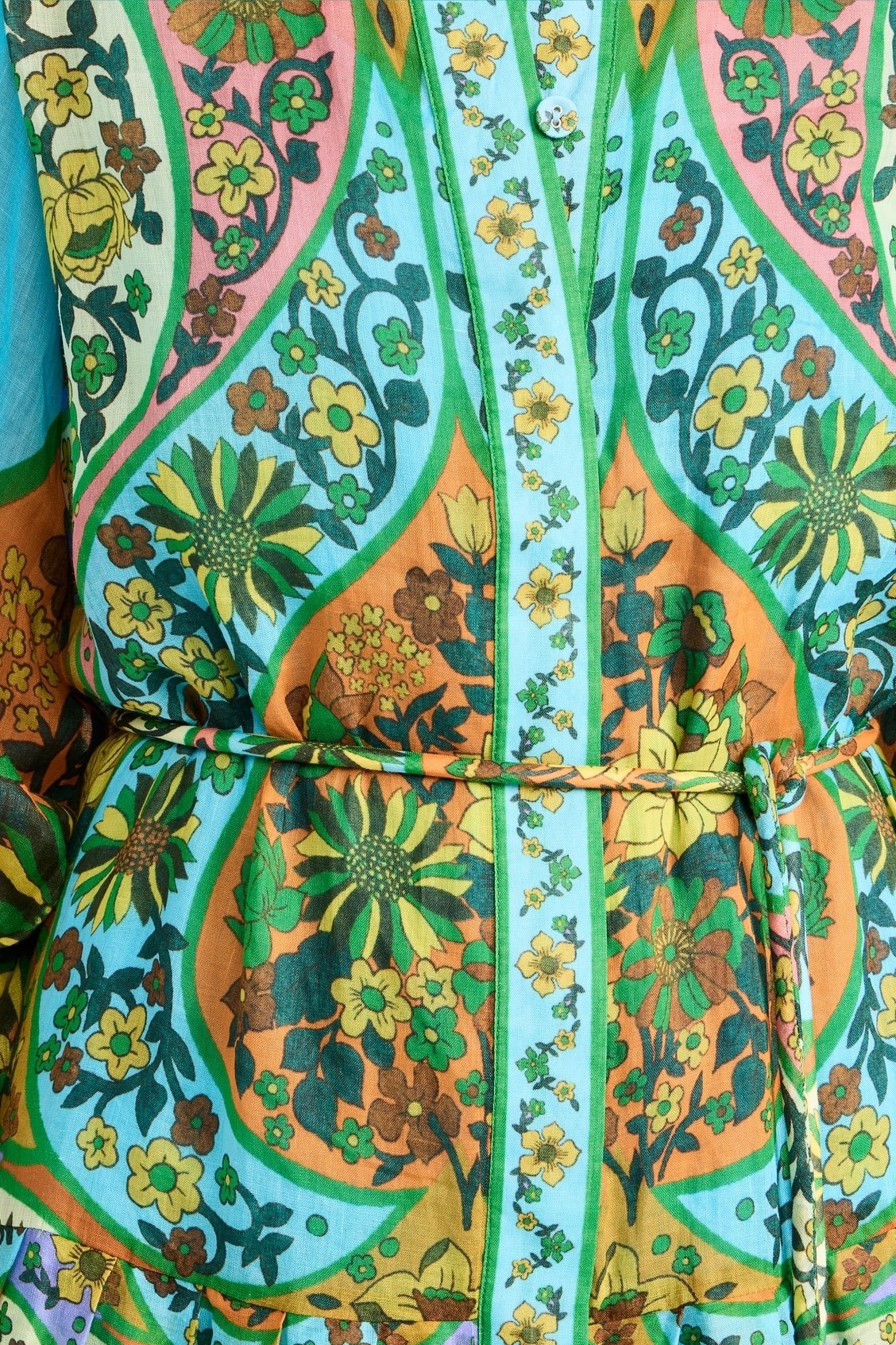 Vintage Printed Lantern Sleeve Waist Cinching Shirt Dress