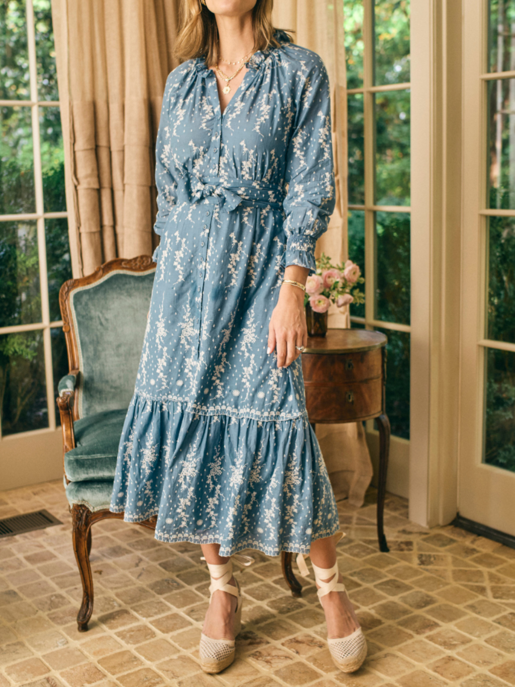 V-neck Eyelet Embroidered Belted Dress