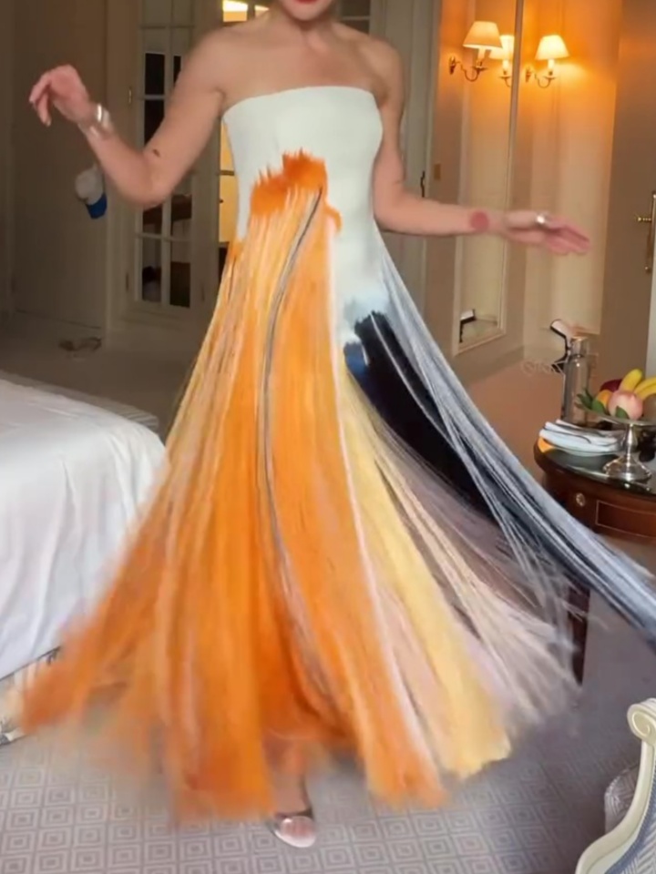 Sleeveless Waist Multicolor Fringe Maxi Dress