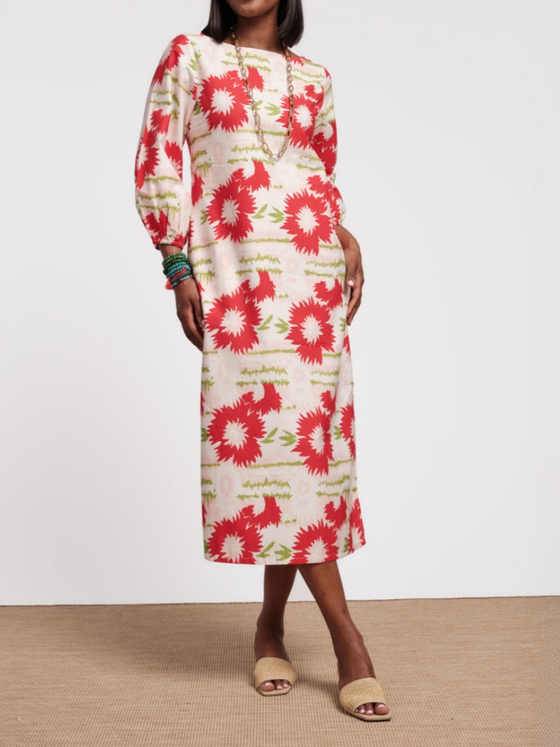 3/4 Sleeve Loose Straight Printed Side Split Maxi Dress