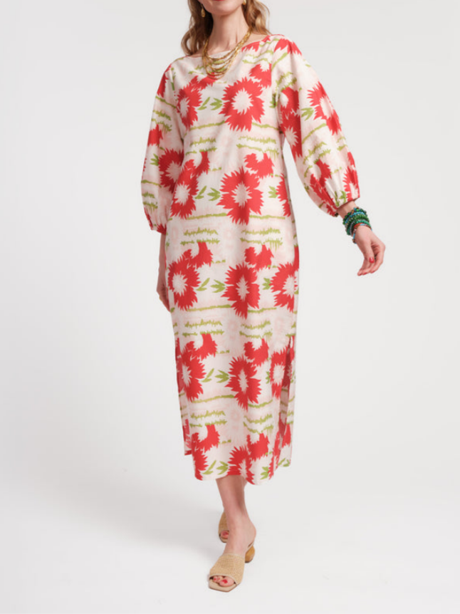 3/4 Sleeve Loose Straight Printed Side Split Maxi Dress