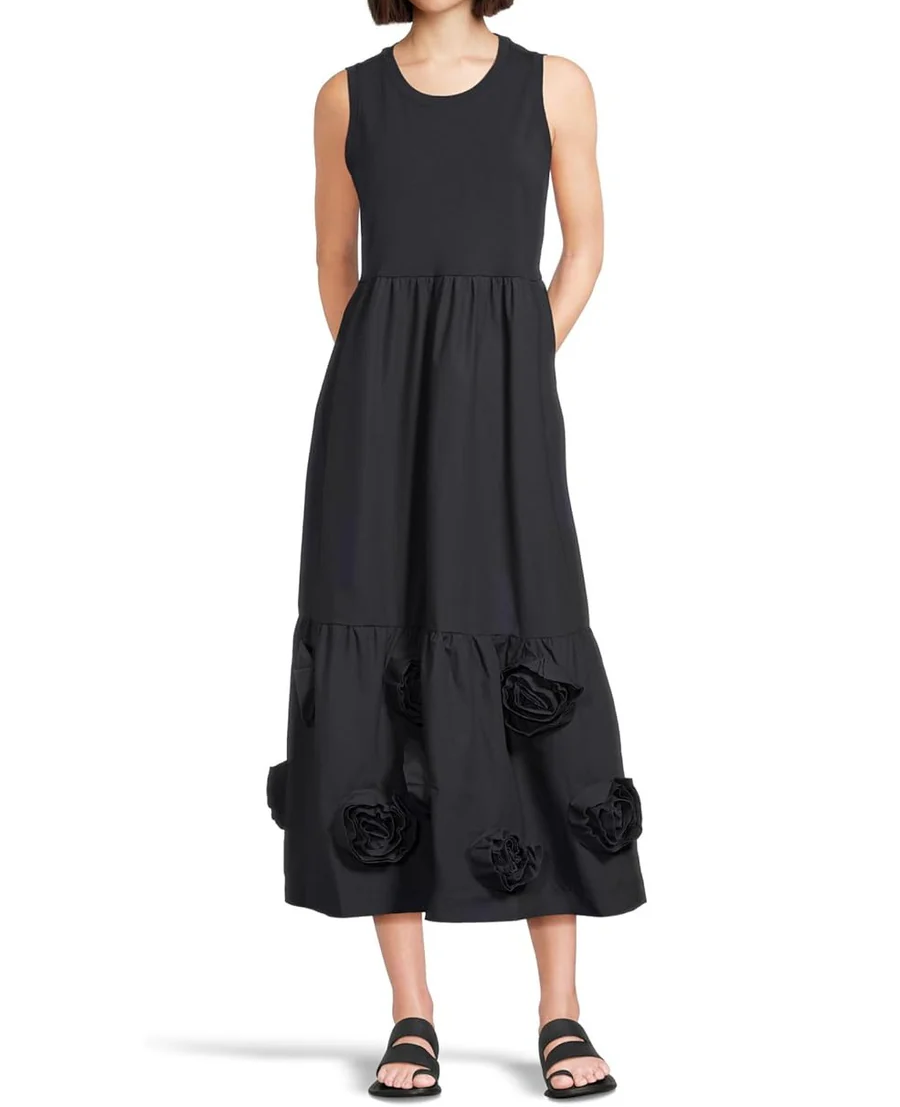 Round Neck Sleeveless Rose Flower Maxi Dress