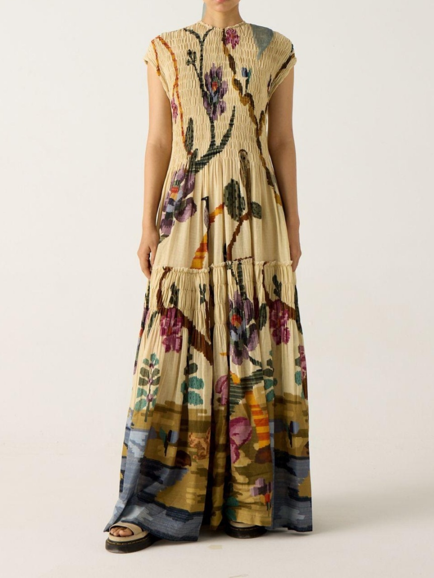 Pleated Print Maxi Dress