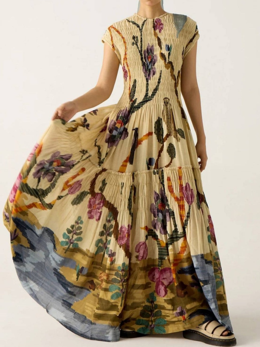 Pleated Print Maxi Dress