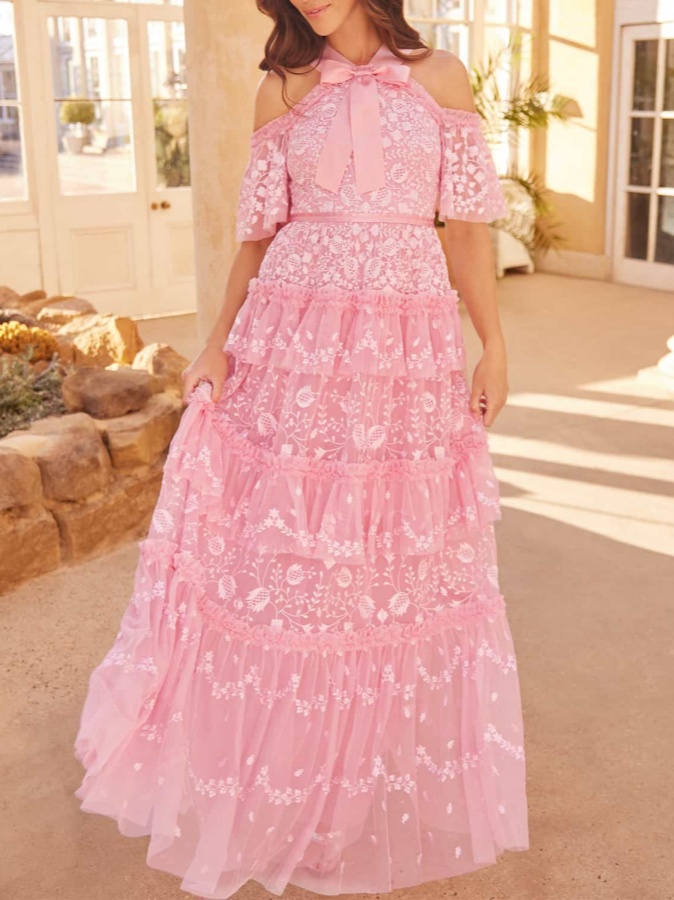 Off-the-shoulder tulle embroidered gown