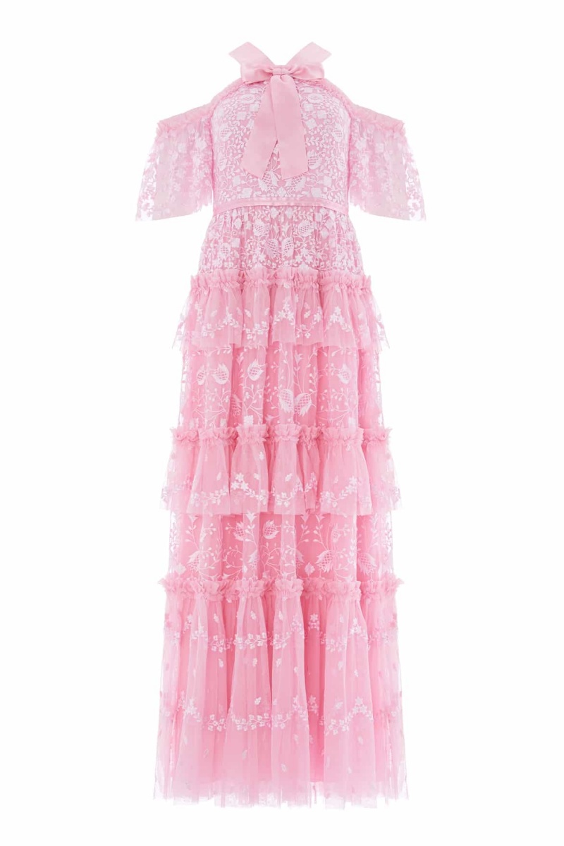 Off-the-shoulder tulle embroidered gown