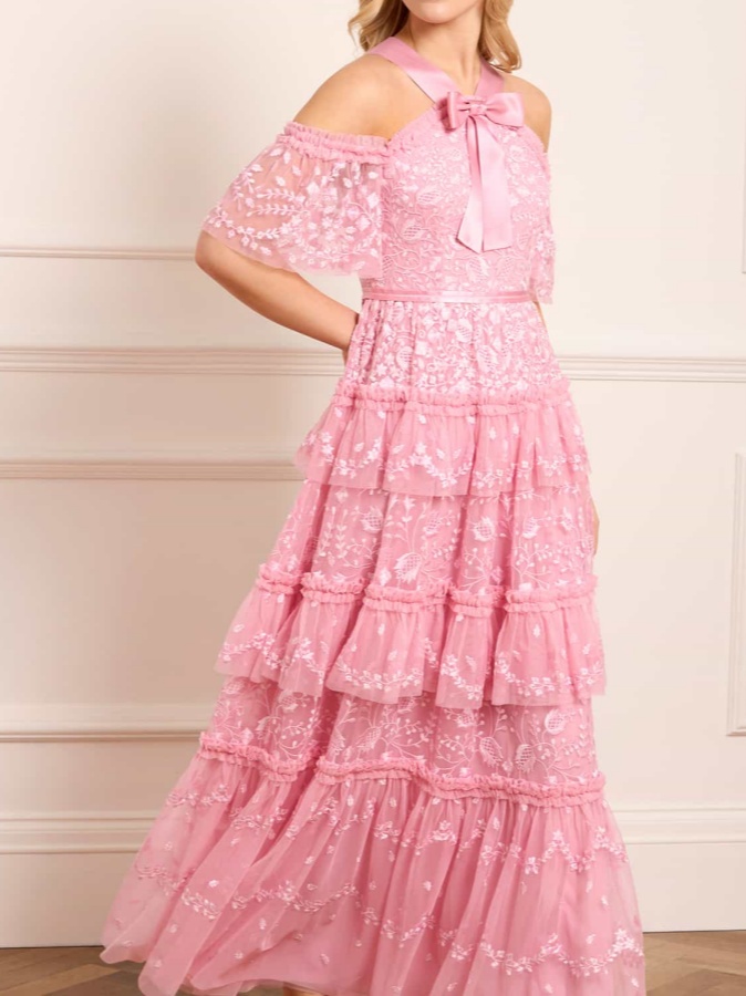 Off-the-shoulder tulle embroidered gown