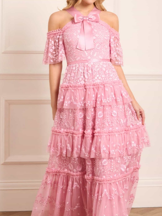 Off-the-shoulder tulle embroidered gown