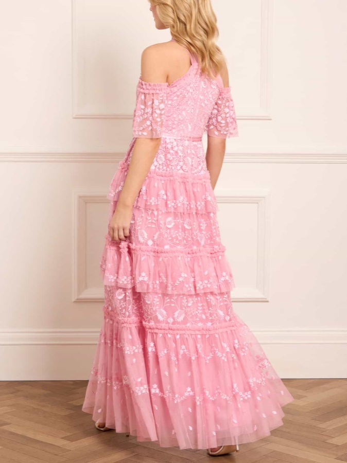 Off-the-shoulder tulle embroidered gown