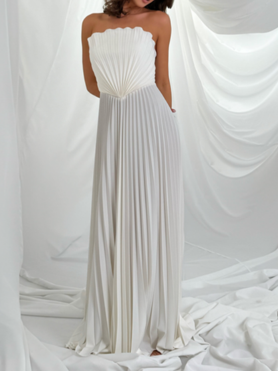 Pleated Off-Shoulder Gown Dress