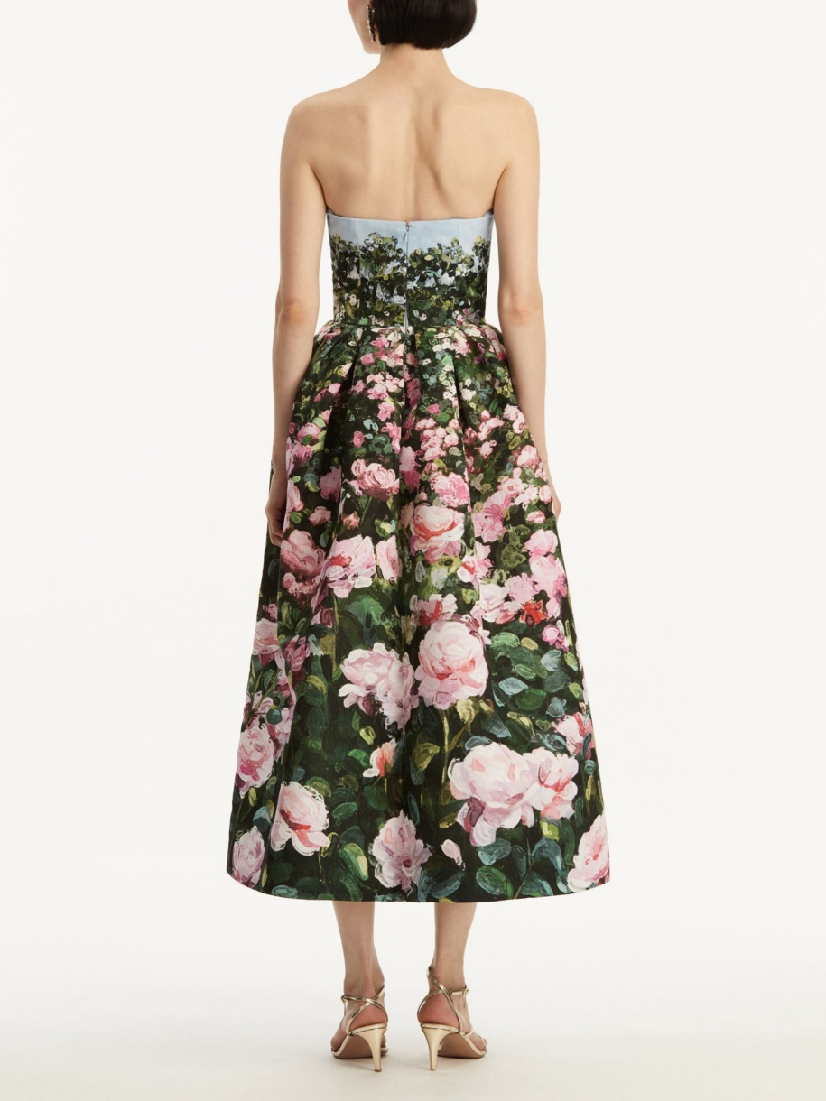 Rose Print Strapless Gown Dress