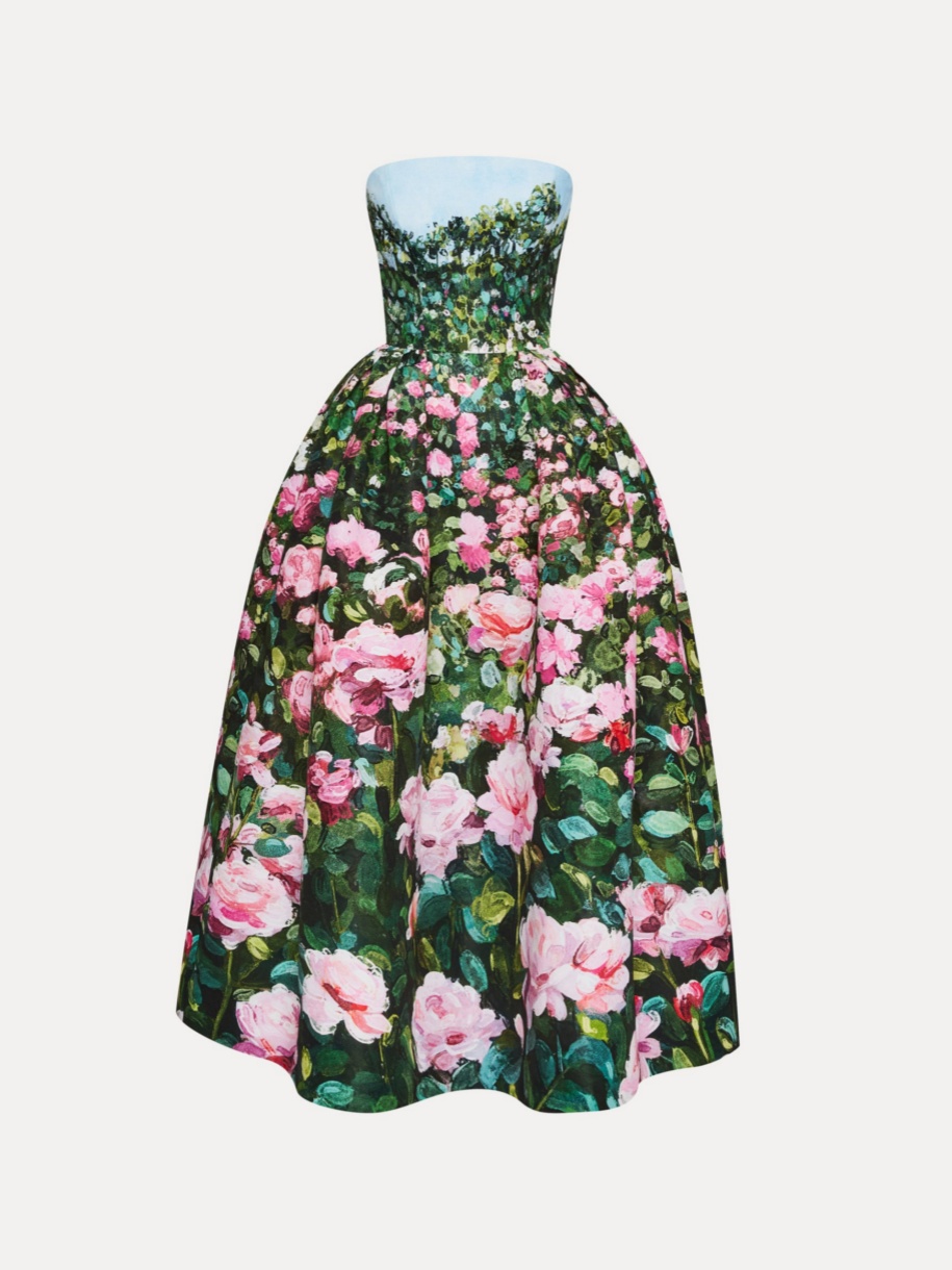 Rose Print Strapless Gown Dress