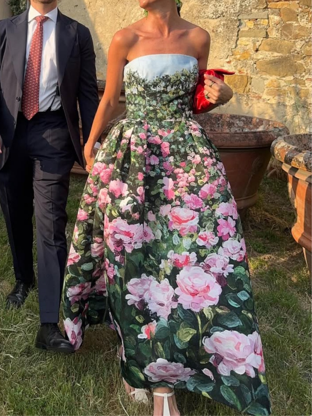 Rose Print Strapless Gown Dress