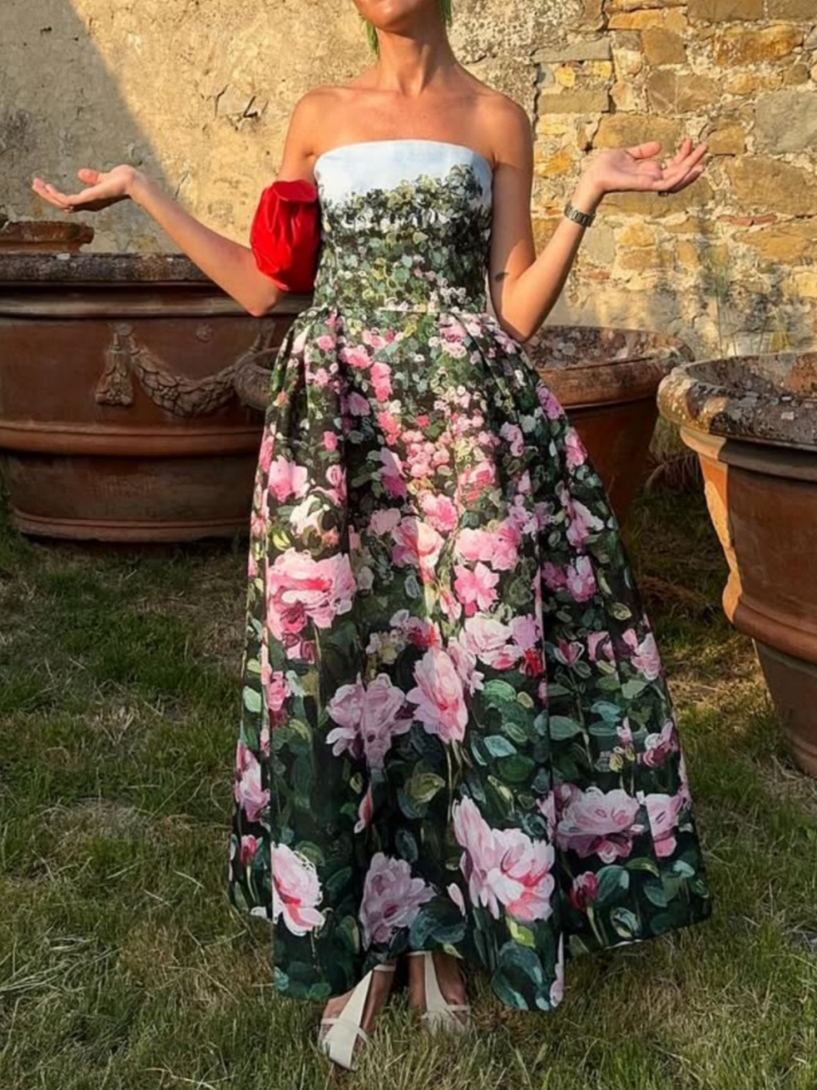 Rose Print Strapless Gown Dress